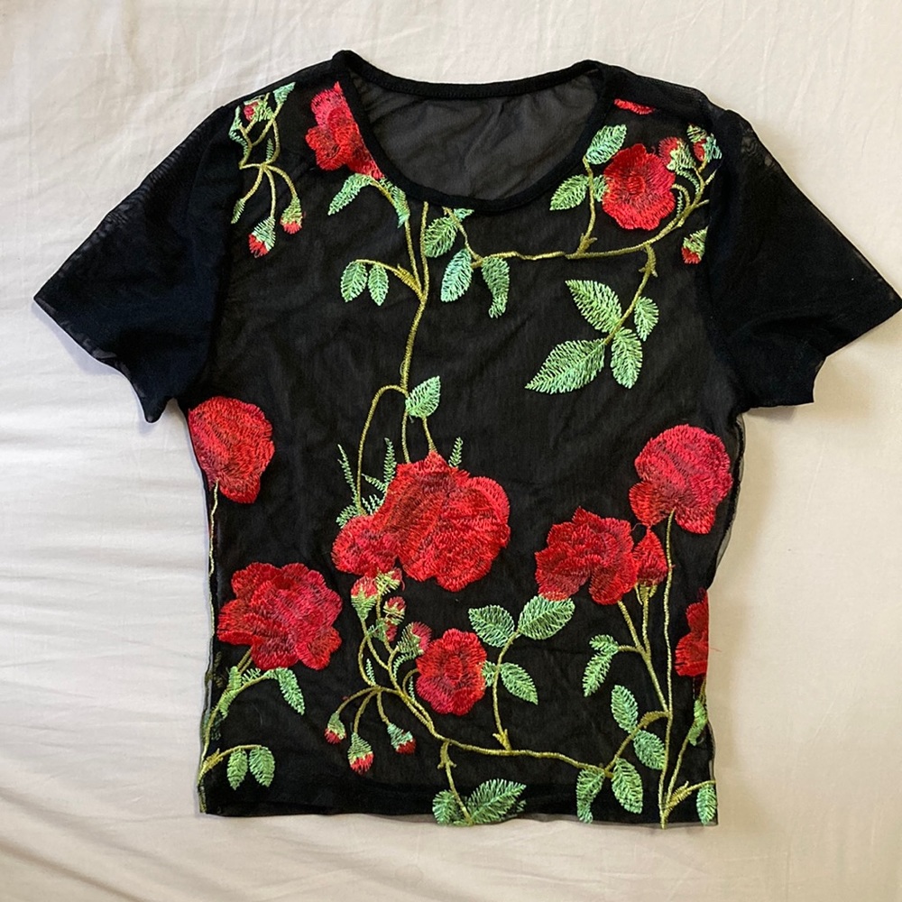 Shein black mesh rose top